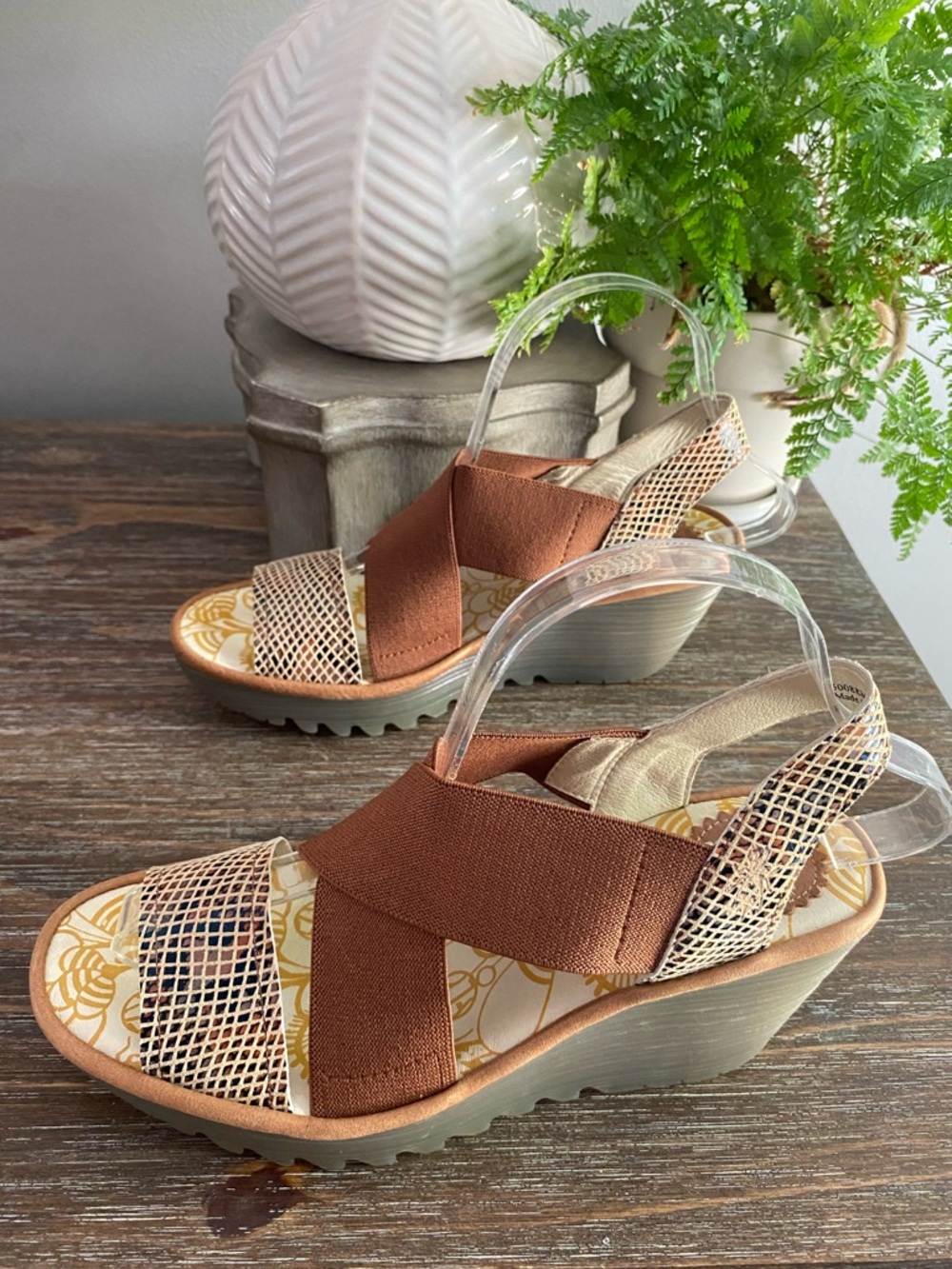 Fly London Yaji Leather Wedge Heeled Platform Sandals Womens 38 7.5-8 Tan Snake